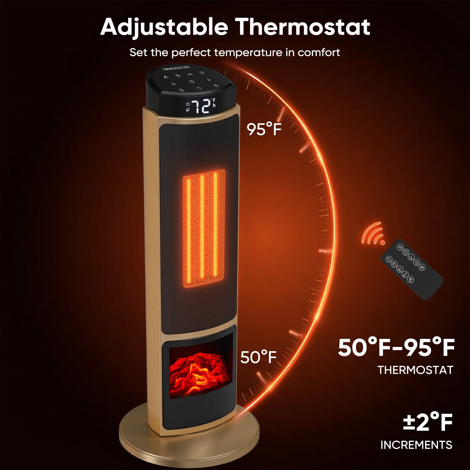 CONCETTA Tower Space Heater with Fireplace Effect – Oscillating Function, Remote Control, 1500W Heating,Gold