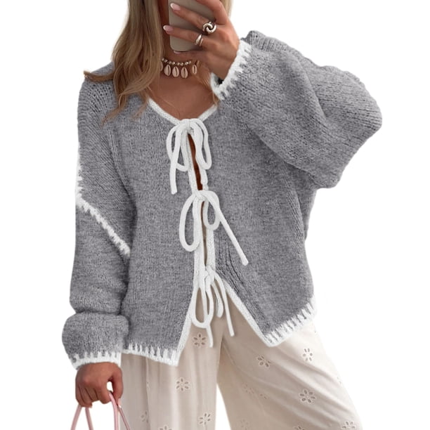 Suéter PRETTYGARDEN con Lazo Frontal Gris Blanco M