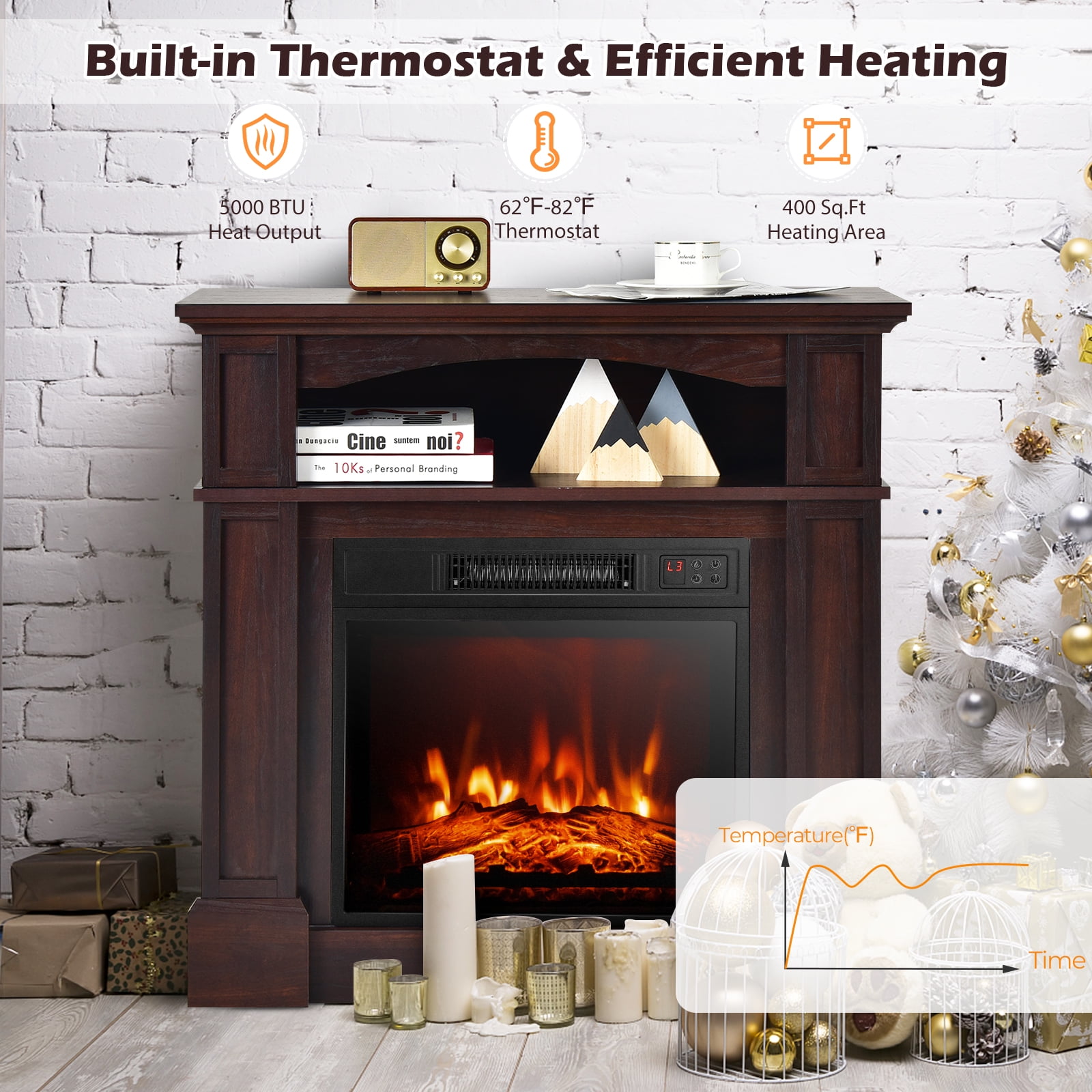 Topbuy 32" Electric Fireplace with Mantel 1400W Freestanding Heater with Remote Control & Adjustable Brightness Brown