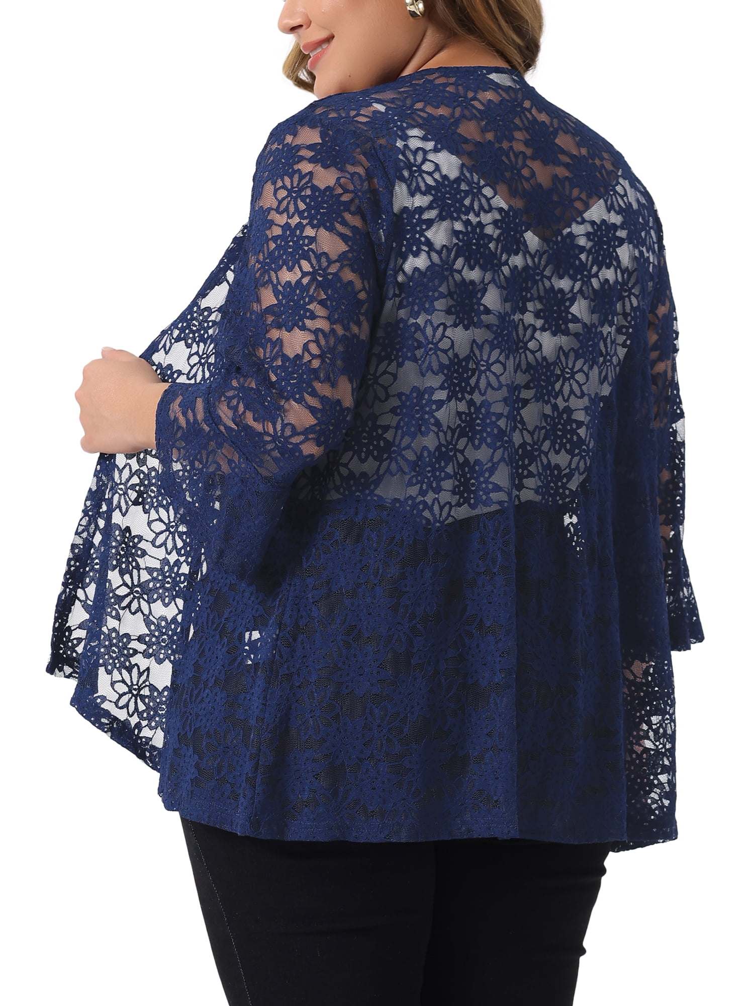 DARING DIVA Women's Plus Size Casual Open Front 3/4 Sleeve Sheer Lace Cardigan L Blue