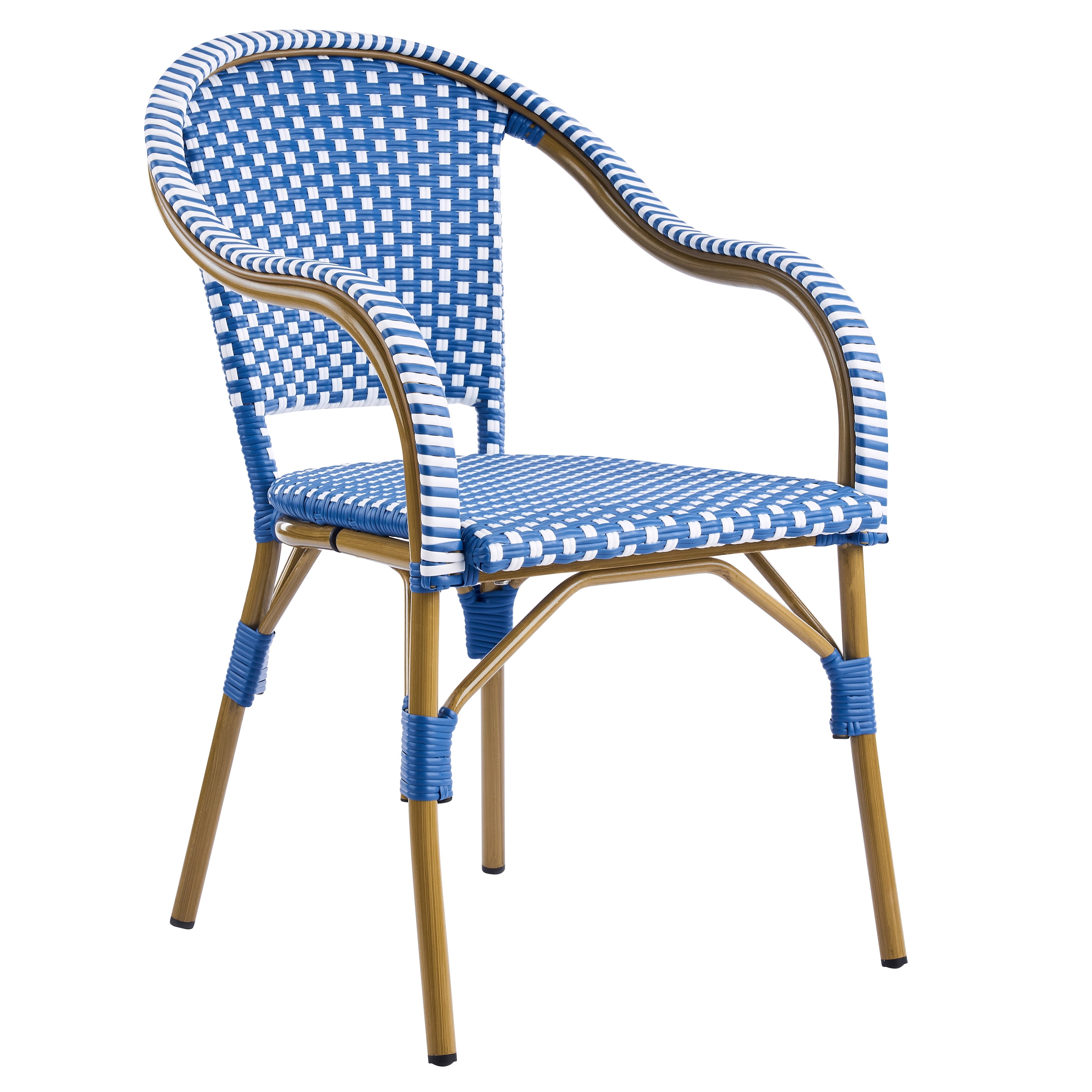 Bistro Chairs Set of 2, Outdoor Aluminum Frame Weather Resistant PP Rattan Chairs for Porch Garden, Natural and Blue and White