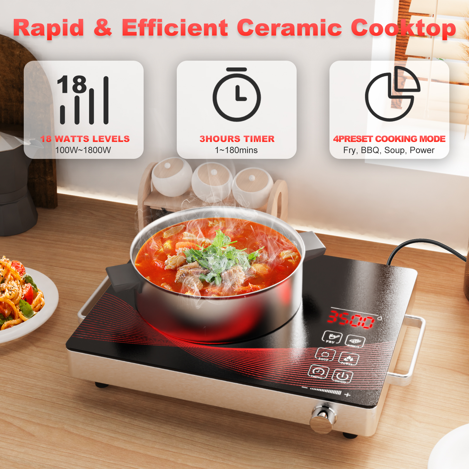 Graceall 1800W Infrared Hot Plate for Cooking, Portable Single Burner Electric Stove, Compact Ceramic Cocinas Electricas de Mesa with Timer, Adjustable Power, and Safety Protection for Home & Outdoor