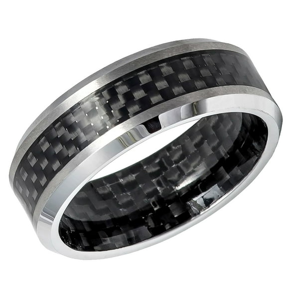 Men's Women's Tungsten Wedding Band Engagement Ring 8mm Carbon Fiber Inlay Inside & Out, High Polished Shiny Beveled Edge