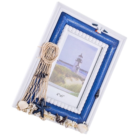 WEUVEB 1Pc Mediterranean Style Wooden Photo Frame Blue Nautical Picture Holder for Room Decor