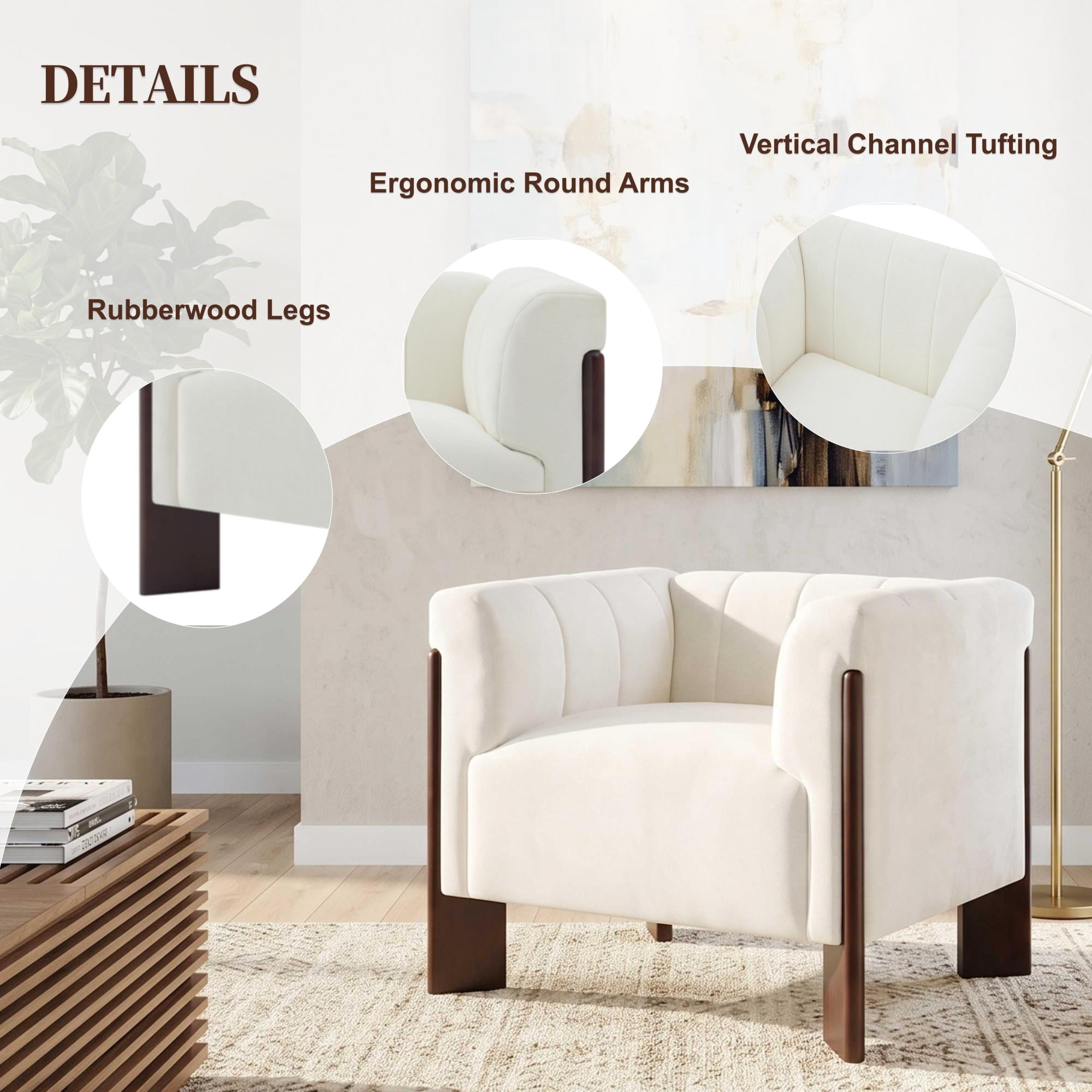 Leumius Modern Accent Chair, Velvet Single Sofa Chair with Tight Back, Round Arms, Vertical Channel Tufted Back and Walnut Rubber Wood Legs for Living Room, Bedroom or Reading Corner, Beige