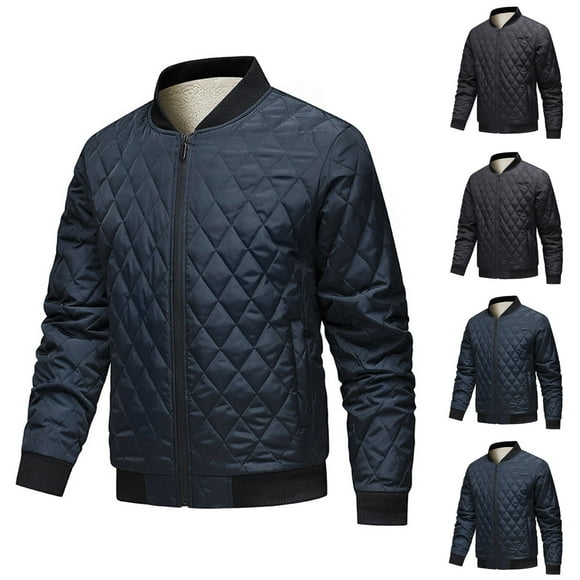 AnuYalue Quilted Jacket for Men Fleece Lined Stand Collar Coat Fashion Fall Winter Bomber Jackets Full Zip Long Sleeve Outwear