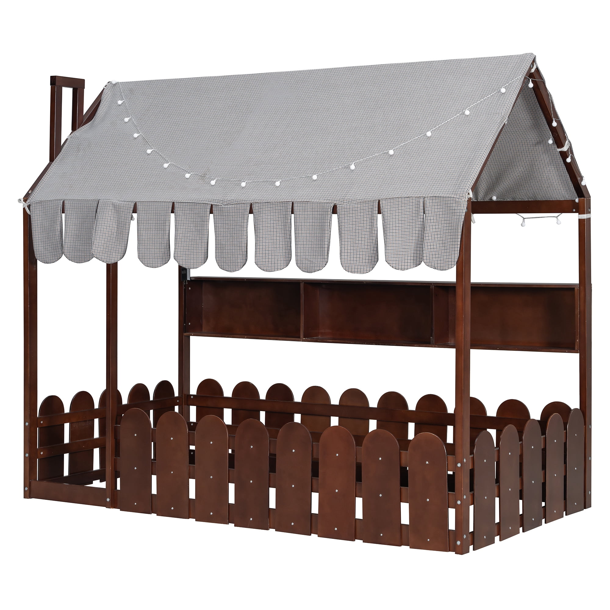 Aukfa Twin House Bed with Fence and Tent for Kids, Wooden Montessori Bed with LED Lights & Storage Shelves for Toddler Boys and Girls Bedroom, Espresso