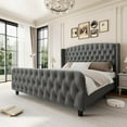 thumbnail image 1 of 51" Tall King Size Bed Frame with Deep Button Tufted Wingback Headboard and Footboard, Velvet Upholstered Platform Bed Frame, No Box Spring Needed, Easy Assemble, Grey, 1 of 7