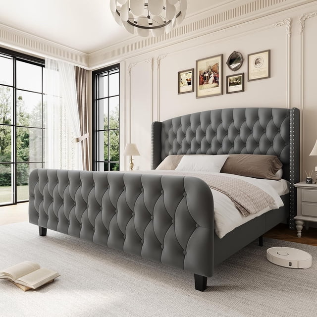 51" Tall King Size Bed Frame with Deep Button Tufted Wingback Headboard and Footboard, Velvet Upholstered Platform Bed Frame, No Box Spring Needed, Easy Assemble, Grey