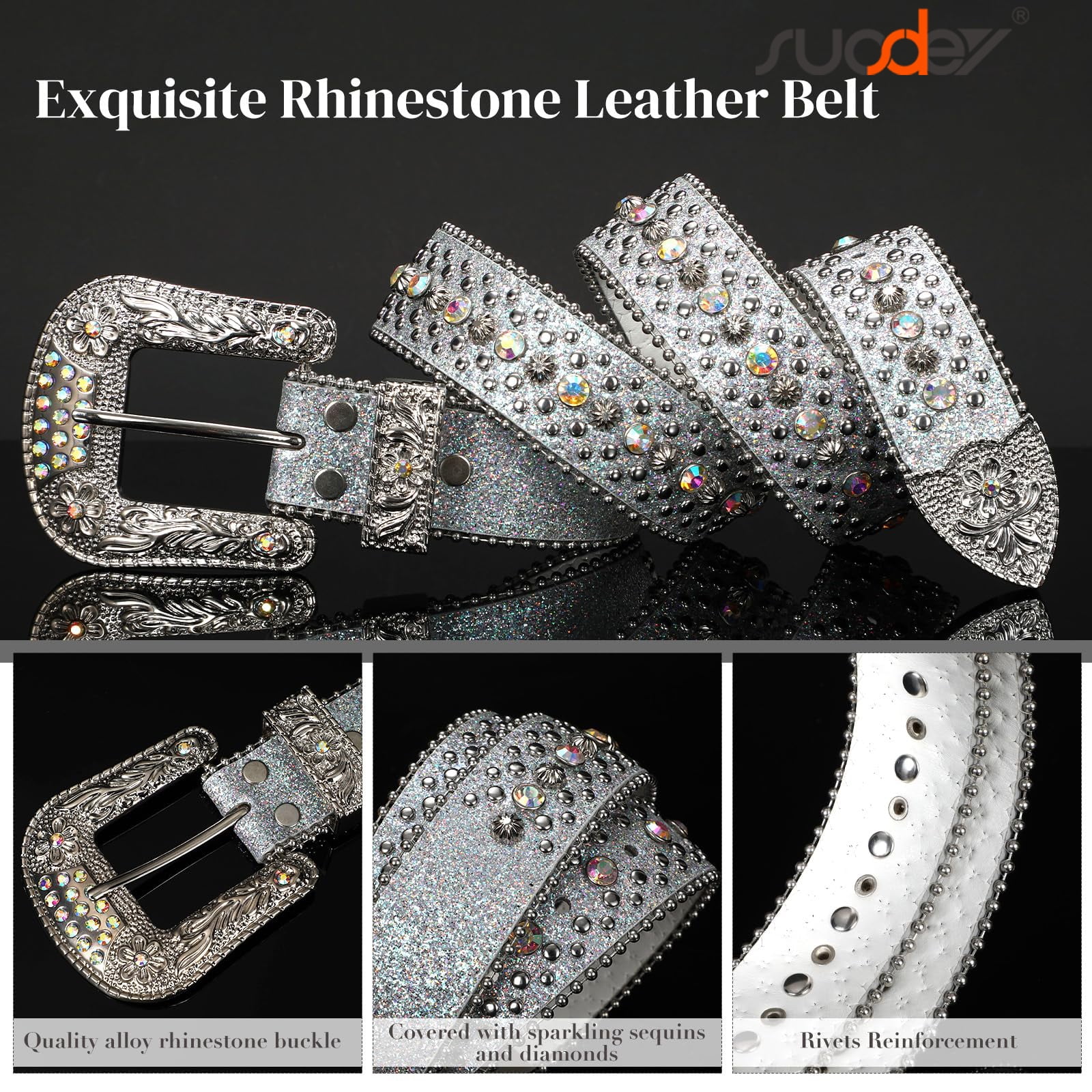 SUOSDEY Sparkly Rhinestone Belt for Women Men Western Cowboy Cowgirl Bling Diamond Leather Belt for Jeans Gifts