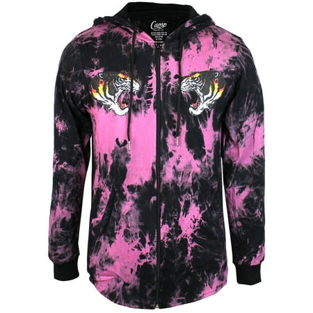 Pigment Dyed Cotton Full Zip Camp Original Co. Men's Lightweight Zip Up Tie Dyed Hoodie Flying Tygers Okinawa Rubber Print Pink T5116 ()