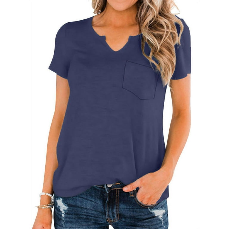 Women V Neck Short Sleeve Front Pocket T Shirt