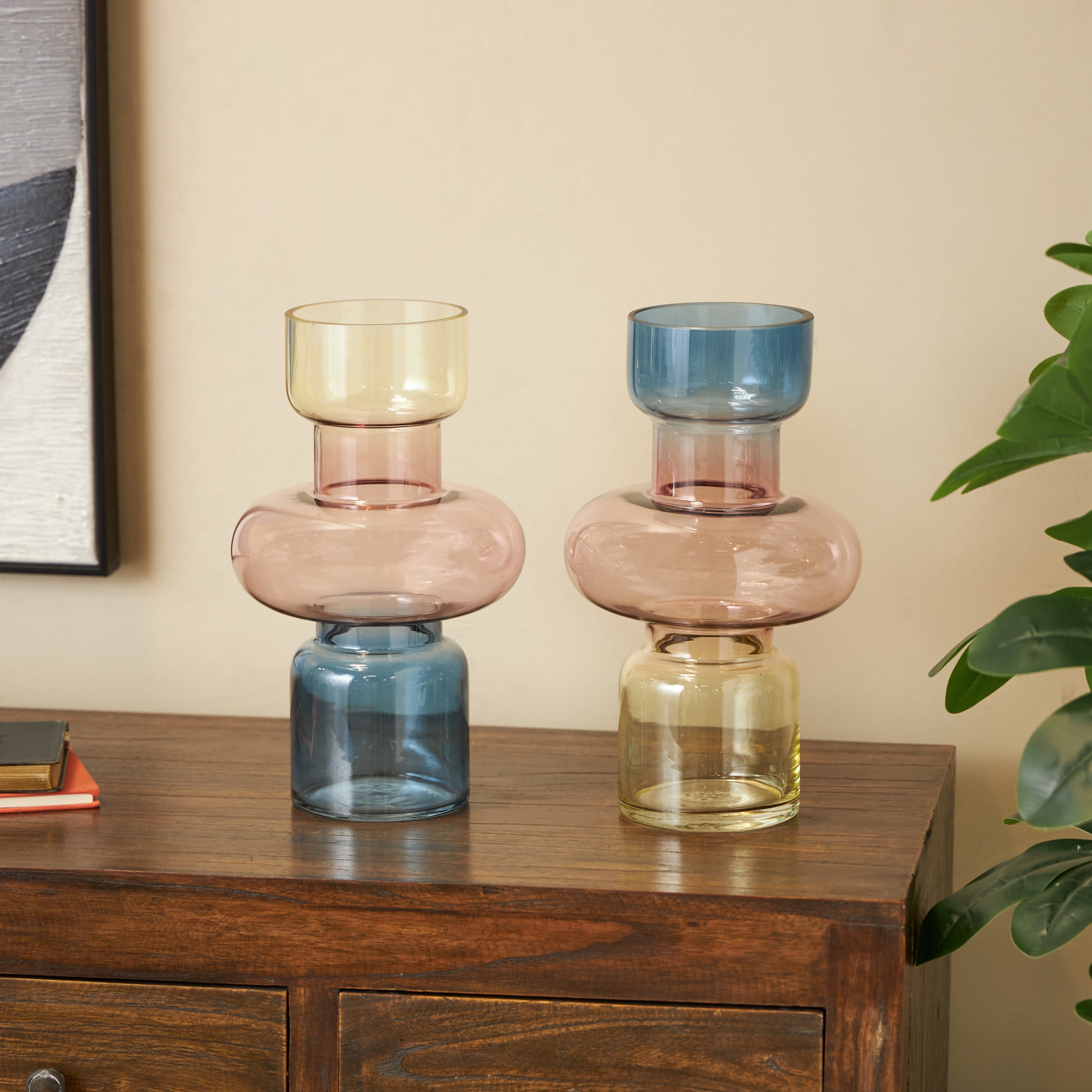 DecMode 7"W, 12"H Geometric Ombre Multi Colored Glass Vase, Set of 2