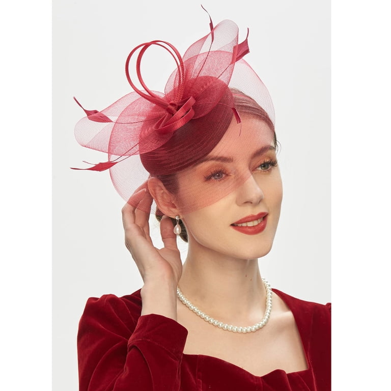 2228 Red Fascinator For Women Tea Party Funeral Veil Hat Pillbox Cocktail Shop Fascinator Hat - Elegant Veil Tea Party Fascinator  main image 2