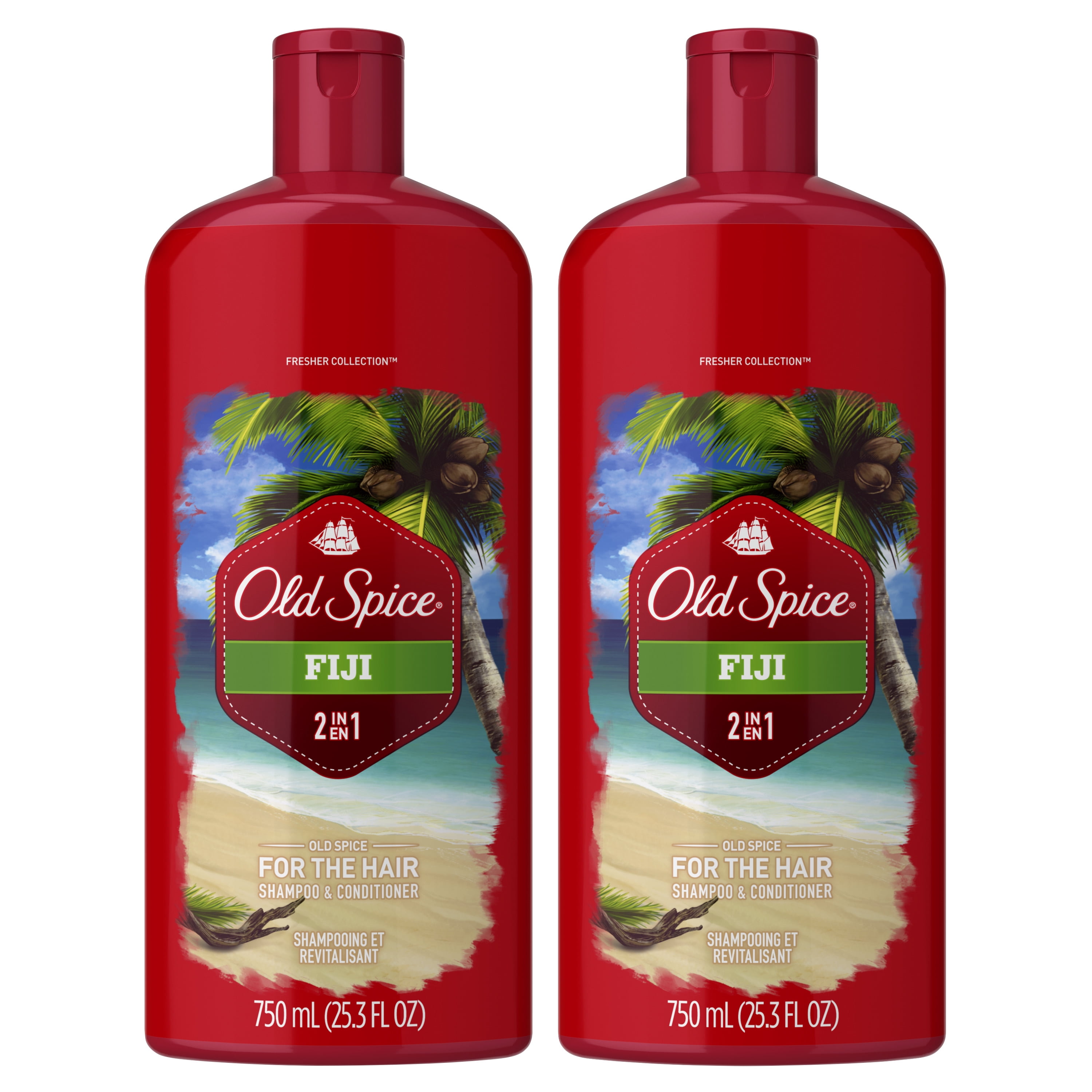 Old Spice Men's Fiji Frizz Control 2 in 1 Shampoo Plus Conditioner, 25.3 fl oz, 2 Piece