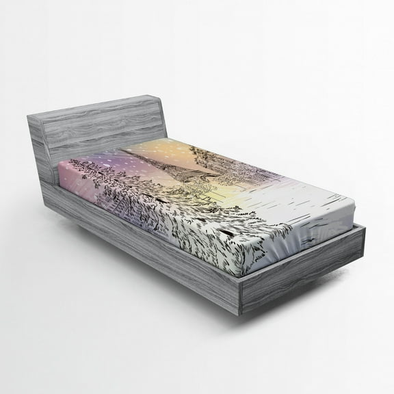 Ambesonne Eiffel Fitted Sheet, Winter Day at Paris, Twin XL Size, Pink White