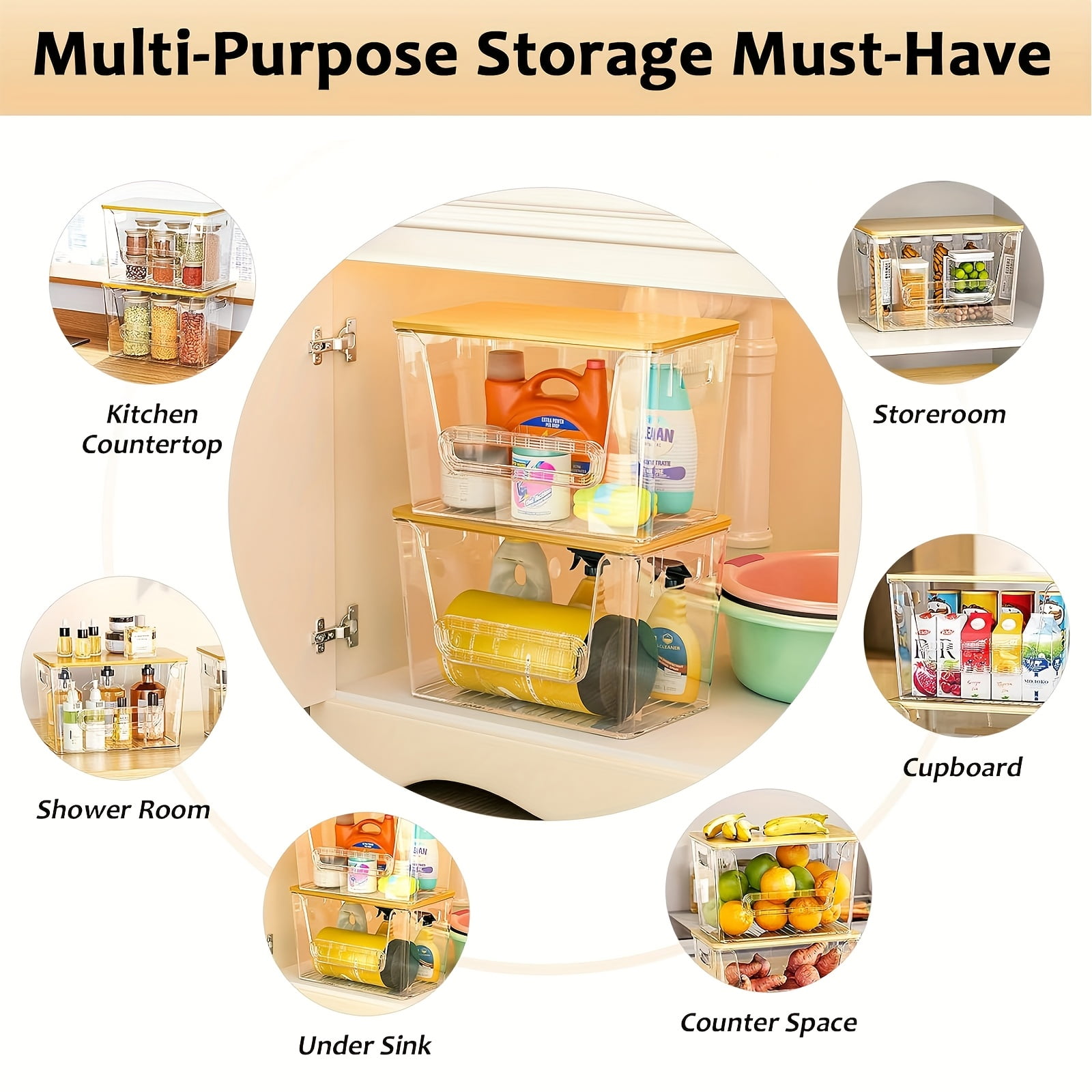 2-Pack Clear Stackable Pantry Organizers with Bamboo Top - Kitchen Produce Storage Bins