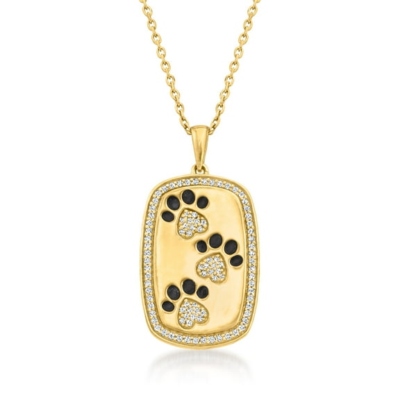 Ross-Simons 0.20 ct. t.w. Diamond Paw Print Pendant Necklace With Black Enamel in 18kt Gold Over Sterling, Women's, Adult