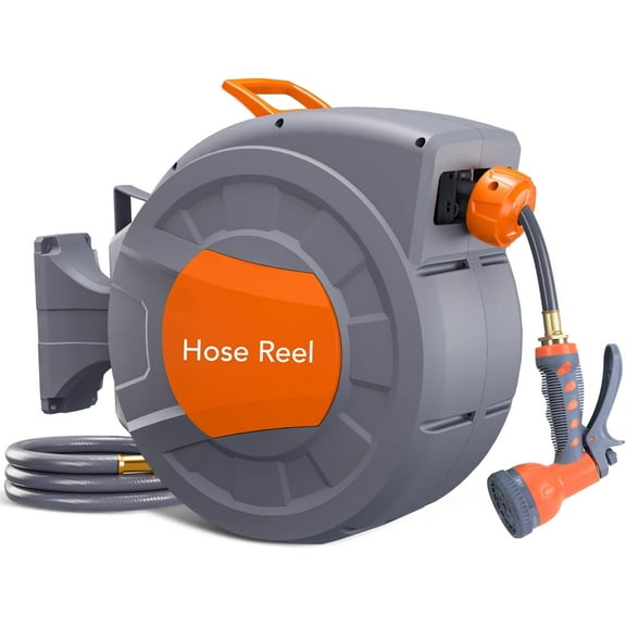 Retractable Garden Hose Reel 1/2 In x 100 Ft, Super Heavy Duty, Any Length Lock, Slow Return System, Wall Mounted and 180 Deg Swivel Bracket