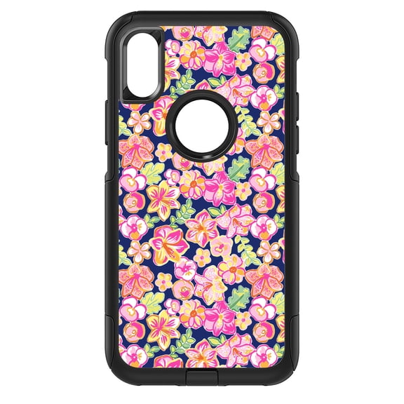 DistinctInk Custom SKIN / DECAL compatible with OtterBox Commuter for iPhone XS MAX (6.5" Screen) - Preppy Pattern - Pink Green Navy Flowers Floral