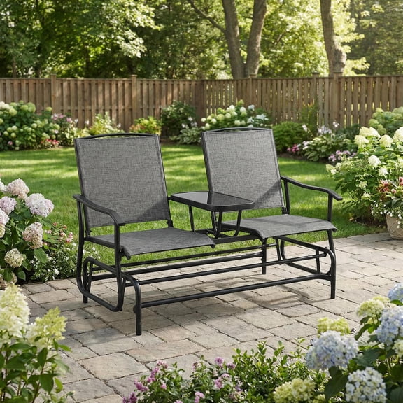 Aimee Lii Outdoor Patio Furniture Set, 2-Person Double Rocking Loveseat with Mesh Fabric and Center Tempered Glass Table, Gray
