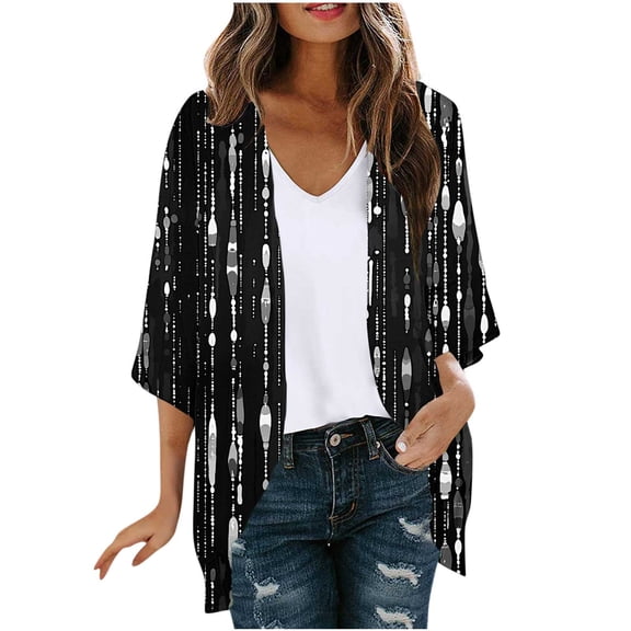 SYMOID Lightweight Open Front Cardigan for Women - Black Striped Beach Cover Up, Long Sleeve Loose Fit Kimono,Size S
