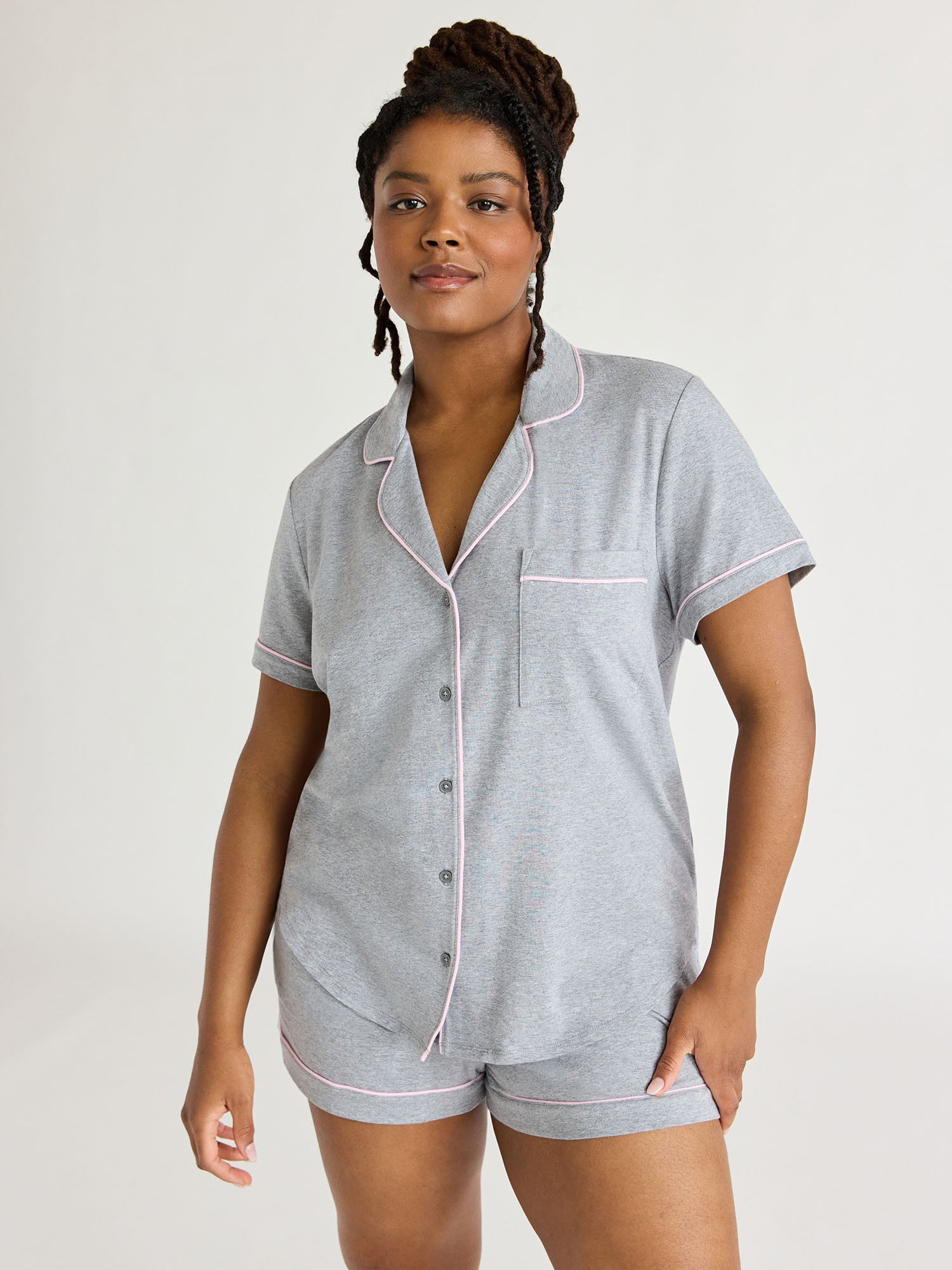 Joyspun Women's Cotton Blend Notch Collar Top and Shorts Pajama Set, 2-Piece, Sizes S to 4X