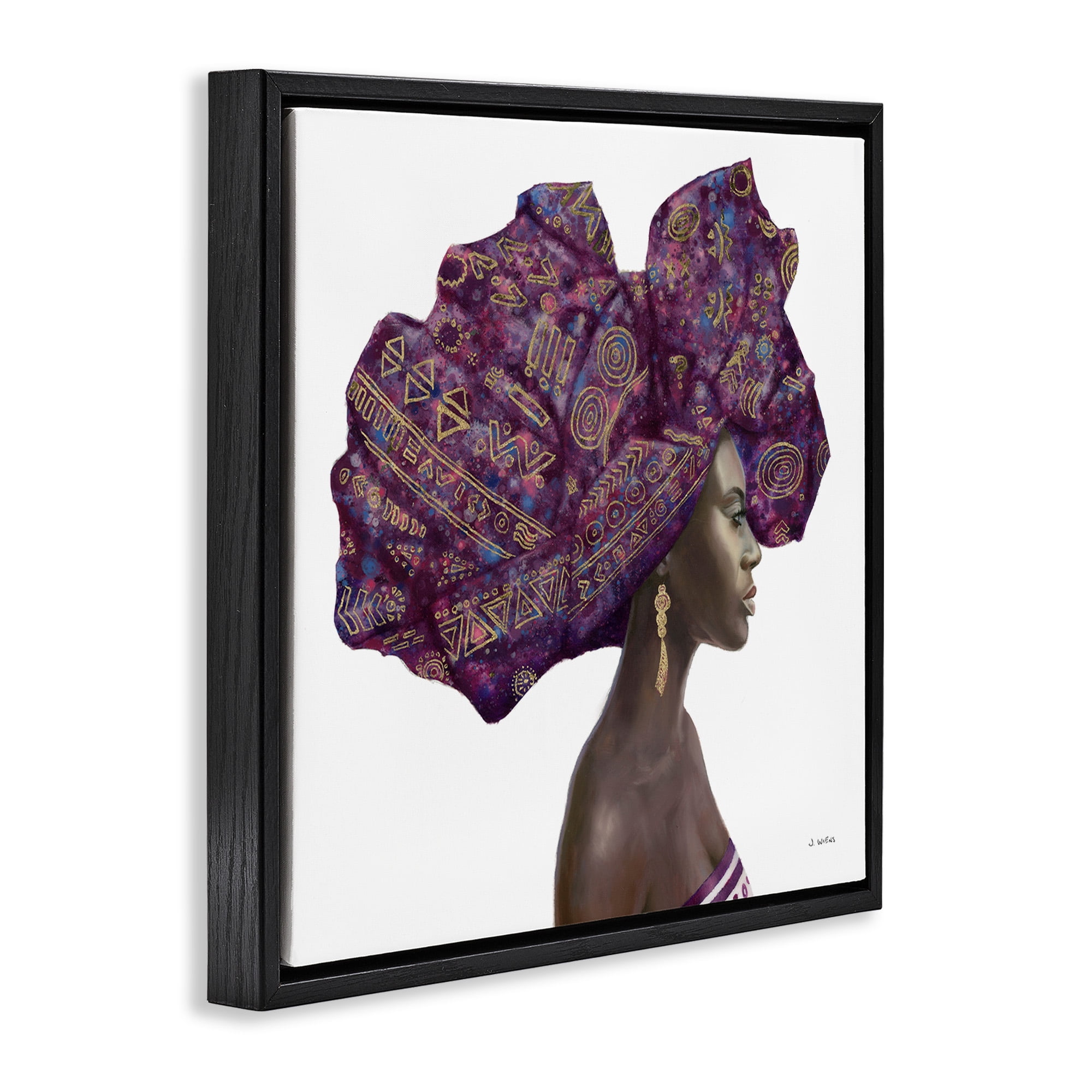Stupell Industries Strong Female Portrait Headwrap Culture Beauty & Fashion Painting Black Floater Framed Canvas Art Print Wall Art, 25 x 25