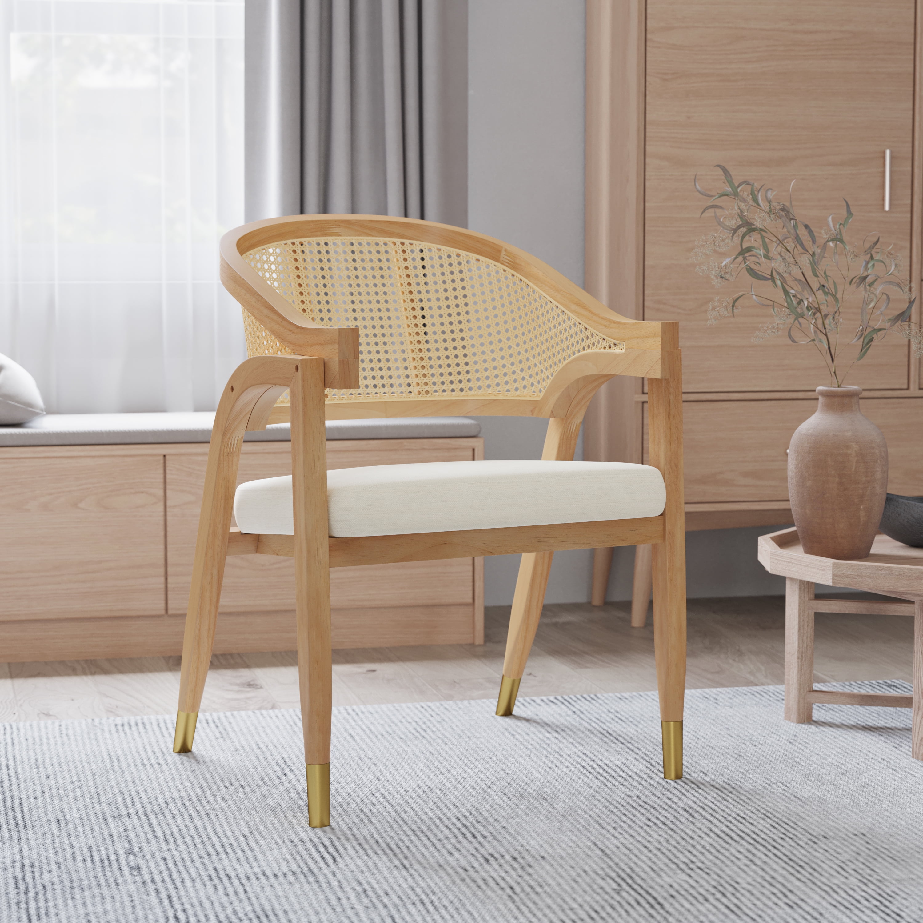 Merrick Lane Cane Rattan Padded Accent or Dining Chair with Gold Accented Legs in Natural