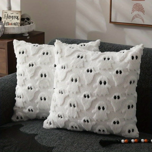 Set of 2 Halloween Pillow Covers 18x18 inch White Ghost Throw Pillow Cases Soft Plush Fur Wool Couch Cushion Case for Chair Sofa Bedroom Living Room Home Decor, Ornament Storage