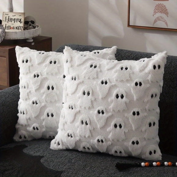 Juego de 2 Fundas de Almohada de Halloween 18x18 Pulgadas Blancas Ghost Fundas de Cojín de Tiro Suaves de Felpa de Pelo Lana Funda de Cojín para Sofá Silla Sofá Recámara Sala de Estar Decoración Del