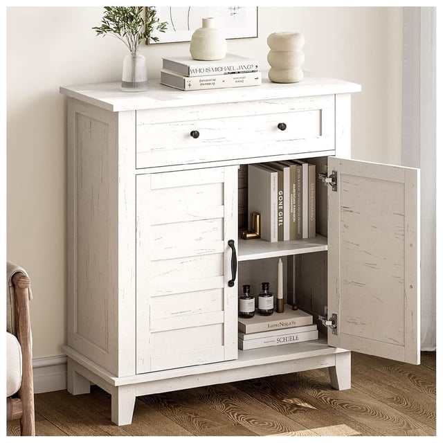Bingirl Sideboard Buffet Cabinet: Farmhouse Coffee Bar Storage with Adjustable Shelves, Multi-Functional Entryway Storage Cabinet with Doors for Living Room, Kitchen, and Dining Room - White