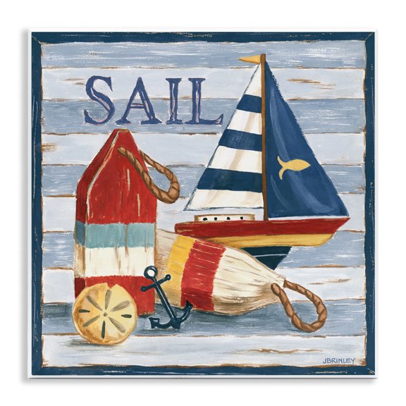 Stupell Industries Sail Boat & Buoys Nautical & Beach Painting Unframed Art Print Wall Art, 12 x 12