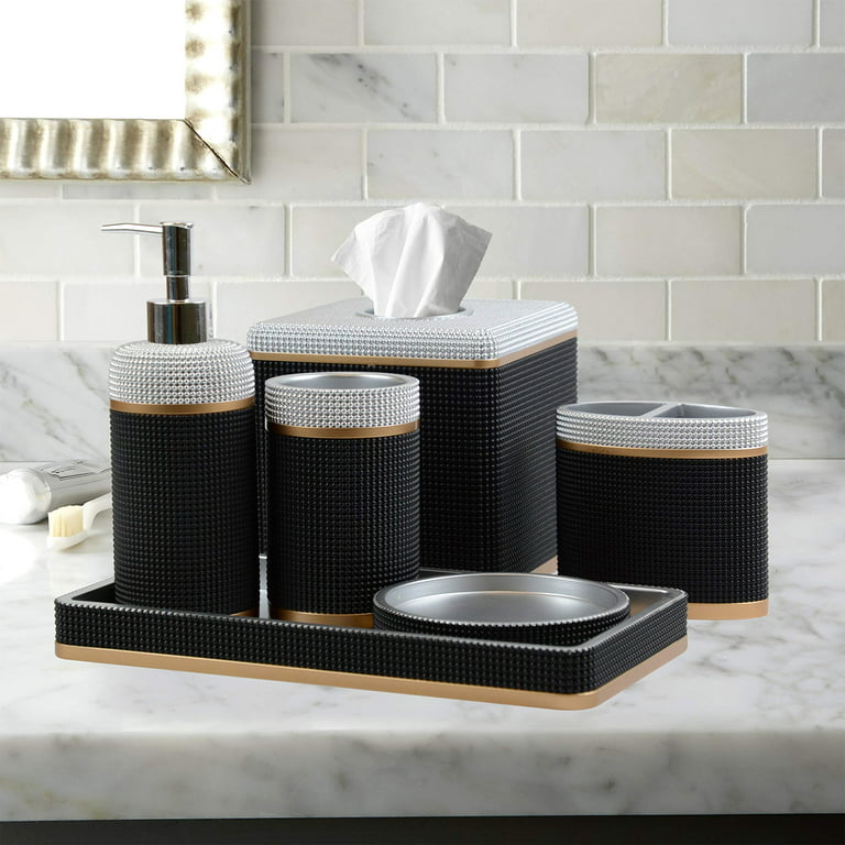 Decozen Bathroom Accessories Set of 6 Includes Soap Lotion Dispenser, Tooth  Brush Holder, Soap Dish, Tumbler, Vanity Tray, and Tissue Box - Black  Silver Gold 
