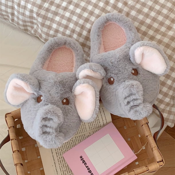 Pantuflas de elefante de peluche, zapatillas cerradas, bonitas zapatillas de casa sin cordones, cómodas zapatillas peludas para caminar, antideslizantes para dormitorio.