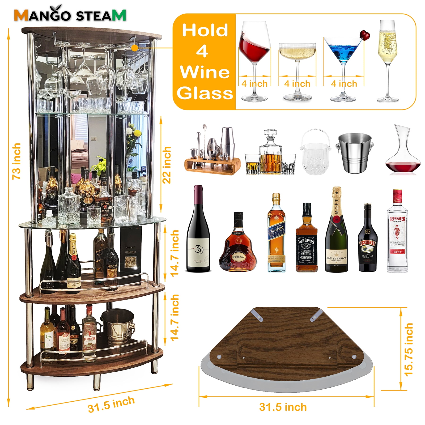 Mango Steam Modern Home Liquor Mini Bar Catalina Table For Home  (Tower Bar, Clear and Brown)