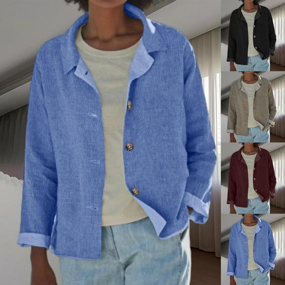 Fengqque Women's Fashion Loose Solid Color Long Sleeved Lapel Button Casual Jacket Wine XL(XL)