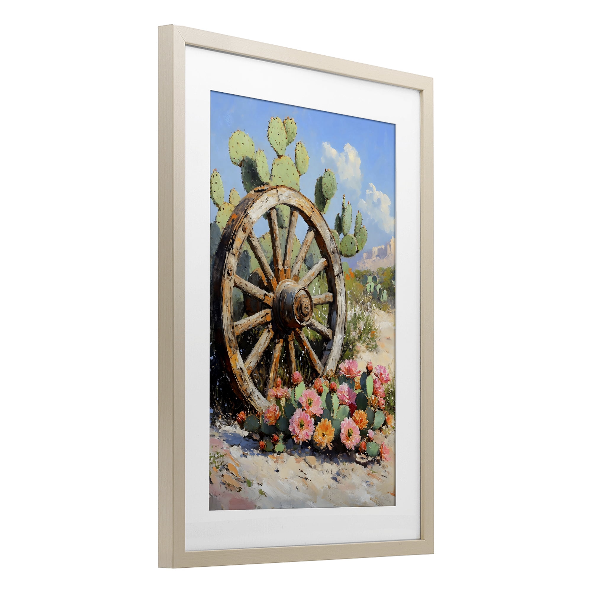 Stupell Industries Wagon Wheel Among Cactus Birch Framed Print Under Glass, design by Franklyn Gregory