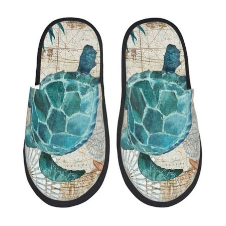Balery Watercolor Sea Turtle Slient Indoor Furry Fleece Comfort House Shoes Soft Non-Slip Home Shoes Cotton slippers House Slippers-- Large