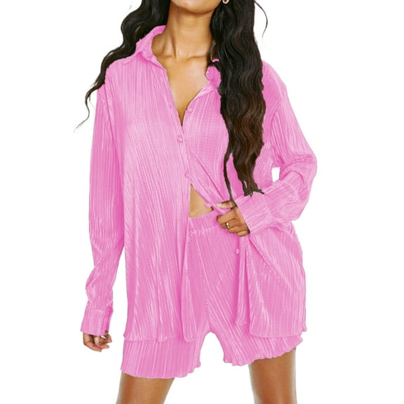 Women 2 Piece Pleated Pants Set Long Sleeve Button Shirt Blouse Top Long Wide Leg Pants Outfits Summer Streetwear