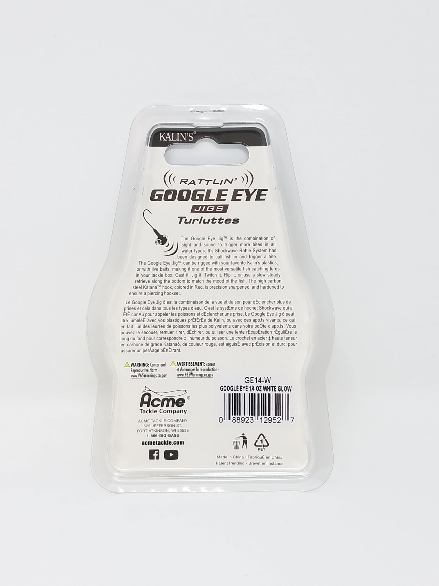 Kalins Google Eye Rattlin Fishing Jig, White, 1/4 oz, Freshwater, Lake