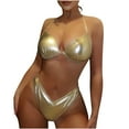 thumbnail image 2 of PNTUTB Women's Solid Color Gold Embossed Deep V Neck Halter High Waisted Fashion Bikini Swimsuit Set, 2 of 6