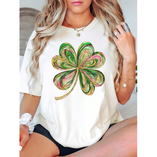 Camiseta estampada 100 % algodón para mujer, de manga corta y cuello redondo, ideal para uso diario y para el tiempo libre.