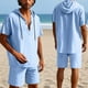 thumbnail image 2 of Conjunto de Pantalones Cortos para Hombre 2 Piezas Outfits Color Sólido Botón Cordón de Lino Camiseta con Capucha Y Pantalones Cortos de Playa, 2 of 9