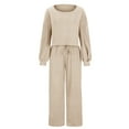 thumbnail image 4 of Scyoekwg Women's two Piece Outfits Loose Fall Outfits Crewneck Long Sleeve Tops Wide Legs Pants Two-piece Set Solid Color Casual Fashion Matching Sets (Beige,L), 4 of 6