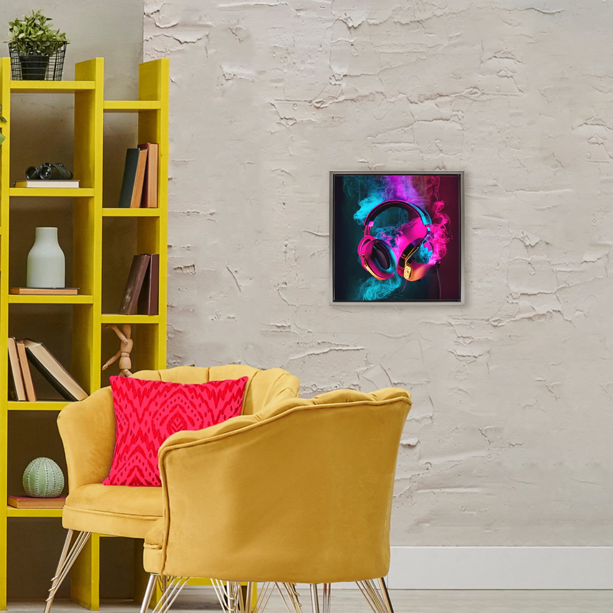 Power Play Pink & Blue Headphones Gray Framed Floater Canvas Wall Art, design by Sasha
