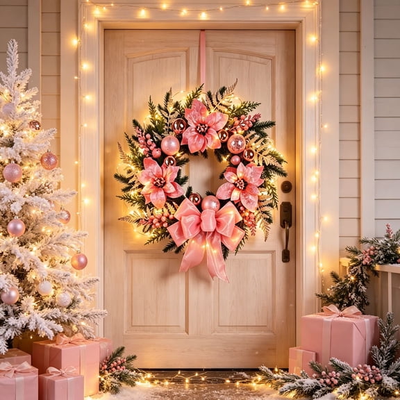 Diceymbol Christmas Wreath with LED Lights, 23.62 Inch Pink Poinsettia Decor