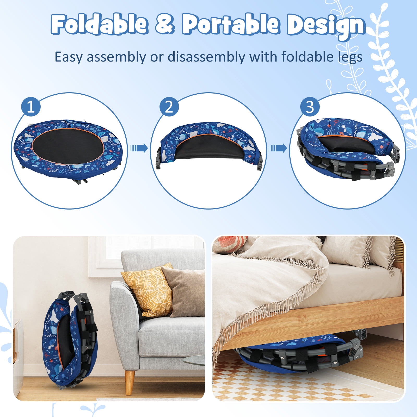 Gymax 36'' Foldable Kid Trampoline w/ 20 LED Lights Foam Handlebar Padded Safety Cover Navy