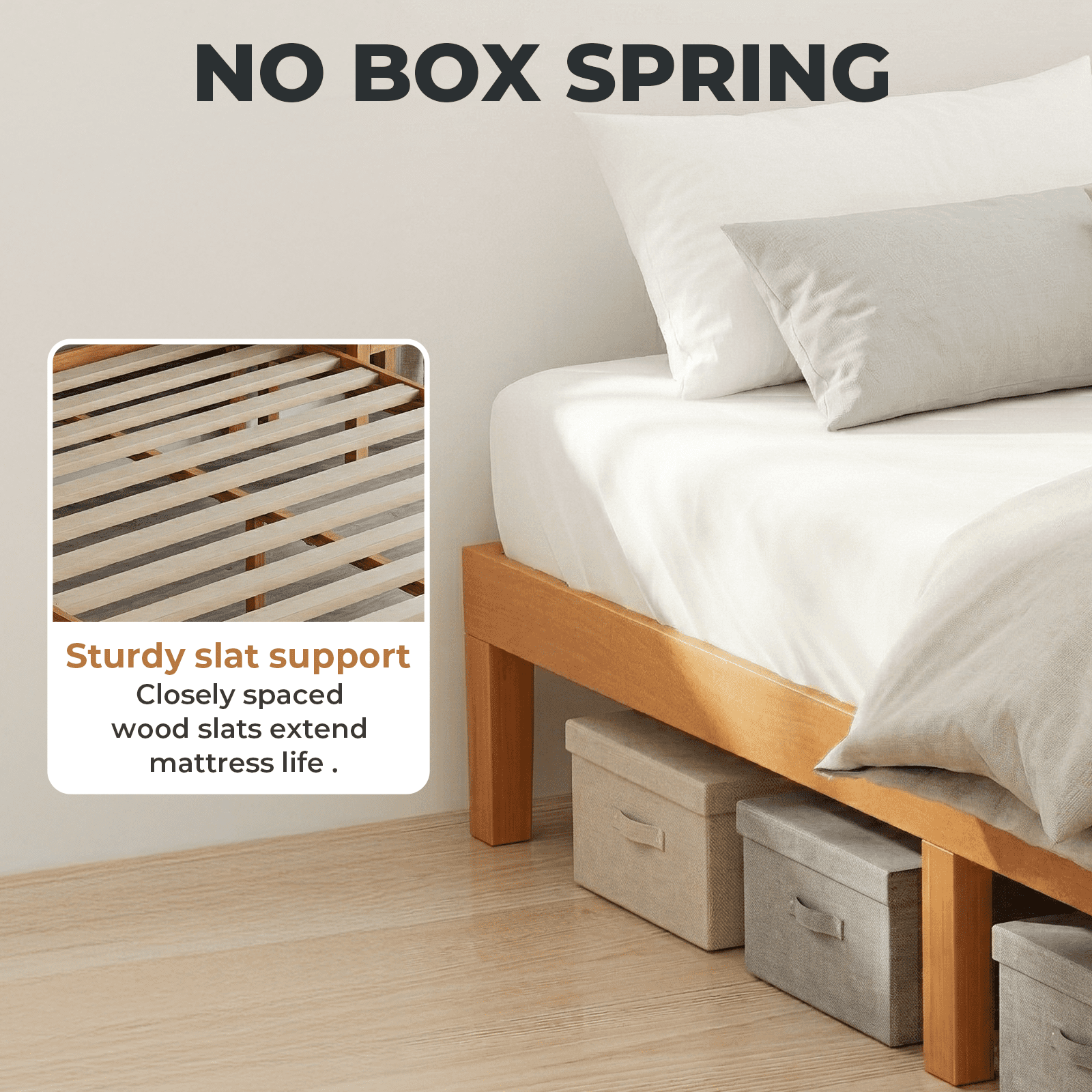 Alvantor Solid Wood Platform Bed Frame, Natural Pine, No Box Spring Needed, Underbed Storage – Twin, Full, Queen, King