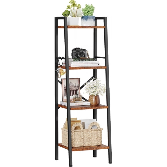 4 Tier Ladder Bookshelf Narrow,  Wooden Ladder Shelf Bookcase with 2 Hooks, Small Rustic Brown Bookshelves  Standing, Skinny Leaning Book Shelves for  Bathroom  Room